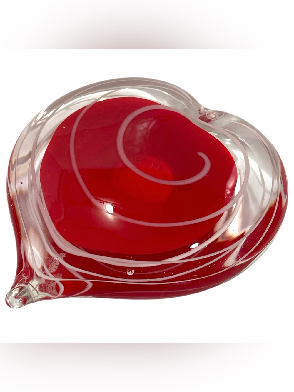 Vintage 1990s Hand Blown Art Glass Ruby Red Clear Cased Heart Shaped